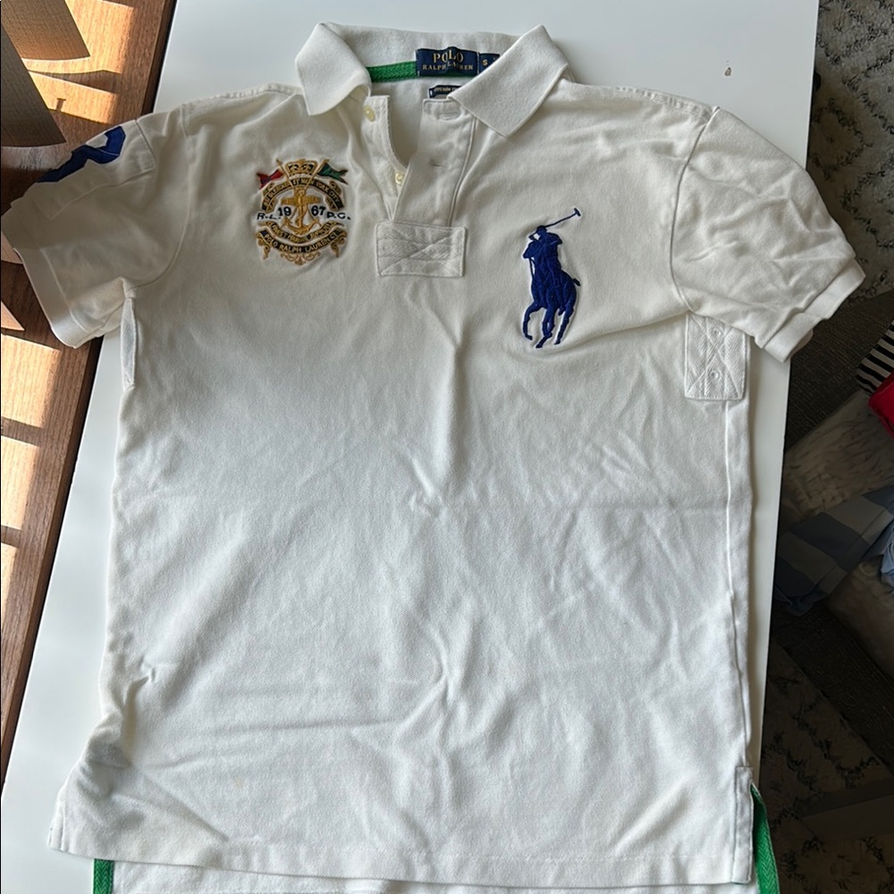 Ralph Lauren White Polo with Blue Logo and Gold Crest
